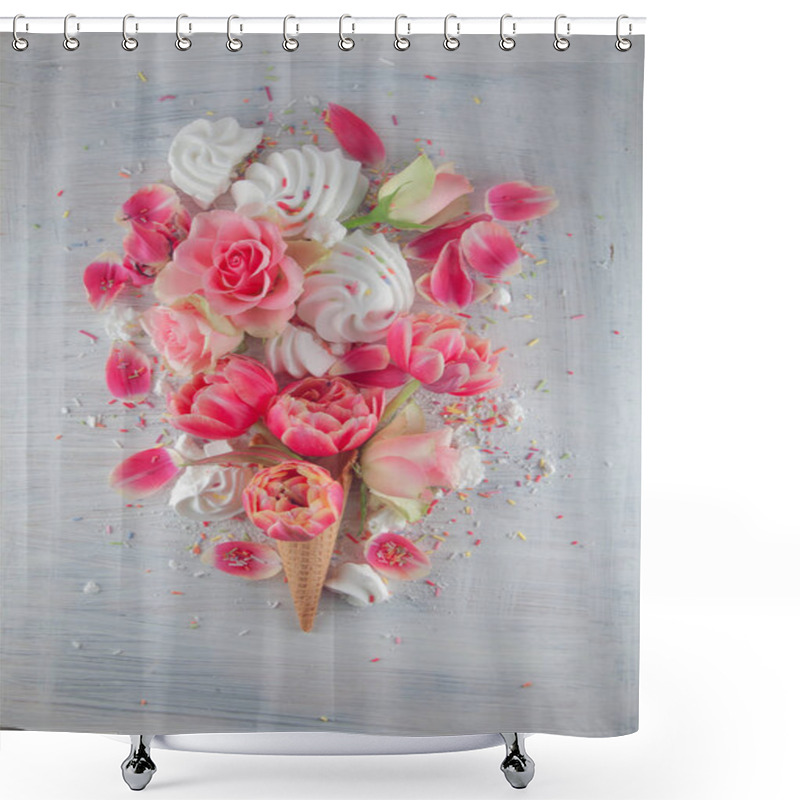 Personality  Flatlay Waffle Sweet Ice Cream Cone With Pink Tulips And Roses Blossom Flowers Over White Wood Background, Top View. Spring Or Summer Mood Concept. Shower Curtains