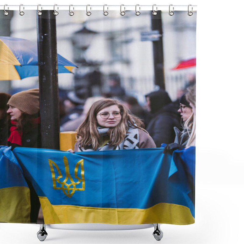 Personality  Downing Street, London | UK -  2022.02.24: Ukraine People Protest, Thousands Gather To Demand Tougher Sanctions On Russia From British Government  Shower Curtains