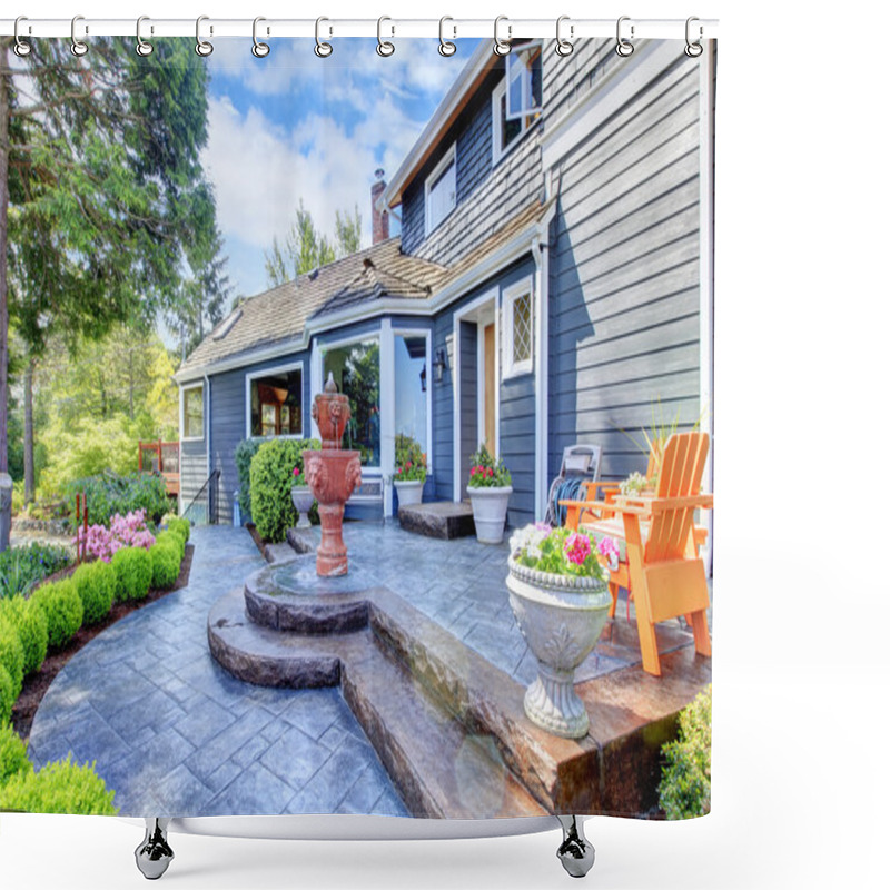 Personality  Blue House Entrance With Fountain And Nice Patio. Shower Curtains