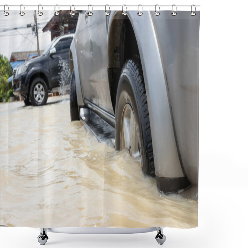 Personality  Car Driving On A Flooded Road, The Broken Car Is Parked In A Fl Shower Curtains