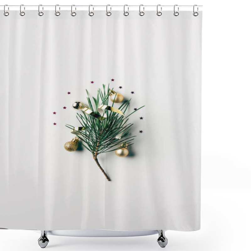 Personality  Top View Of Little Pine Tree Branch With Ribbon And Christmas Toys On White Surface Shower Curtains