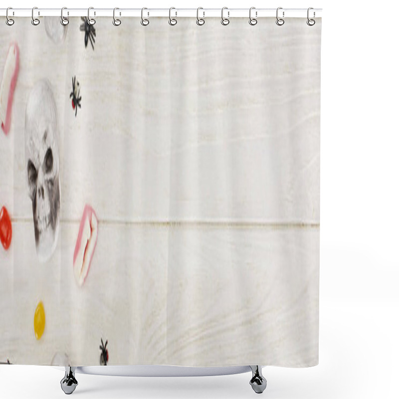 Personality  Top View Of Bonbons, Gummy Teeth, Skulls And Spiders On White Wooden Table With Copy Space, Halloween Treat Shower Curtains