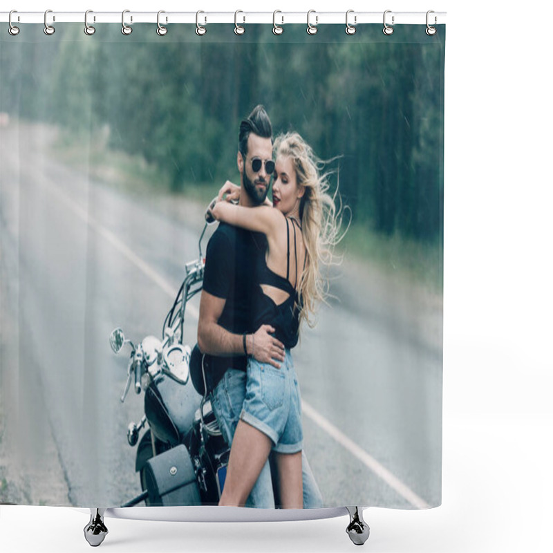 Personality  Young Sexy Couple Of Motorcyclists Embracing Near Black Motorcycle On Road Near Green Forest Shower Curtains