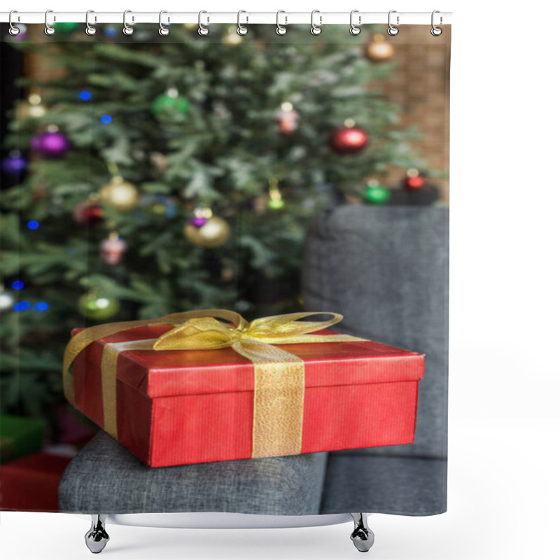 Personality  Close-up View Of Red Gift Box With Golden Bow On Couch And Decorated Christmas Tree Behind  Shower Curtains