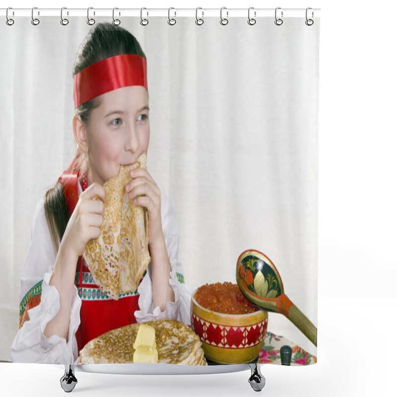 Personality  Russian Girl Behind A Table With Pancakes Shower Curtains