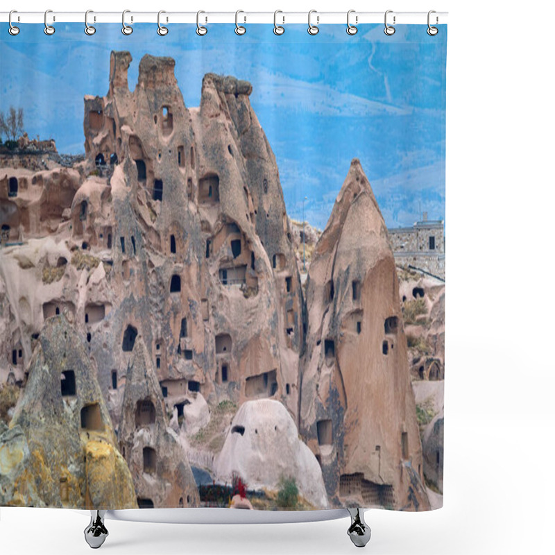 Personality  Landscape View Of Uchisar, Cappadocia, Turkey Under Cloudy Sky Shower Curtains