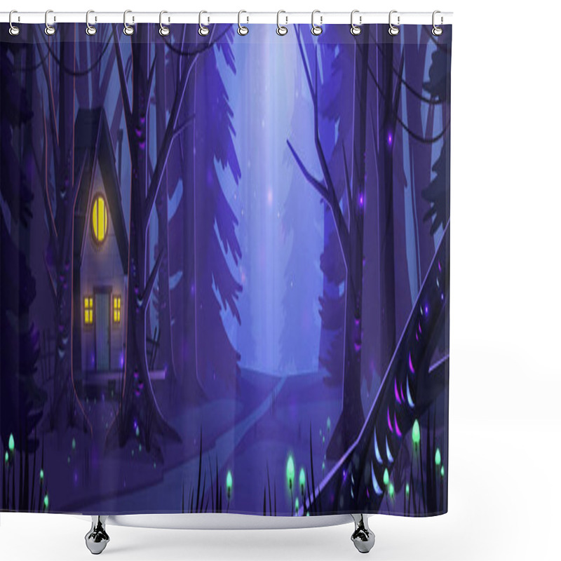 Personality  Witch House In Dark Wood With Glowing Mushrooms Grow On Trees And Ground. Night Forest Landscape With Old Shack And Fireflies Flying Around. Fantasy Game Mystic Background, Cartoon Vector Illustration Shower Curtains