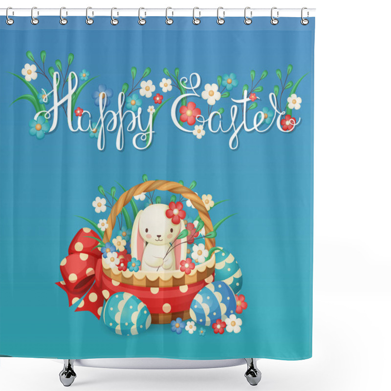 Personality  Vector Illustration For The Easter Holiday. Rabbit In A Basket With Flowers And Eggs. Shower Curtains