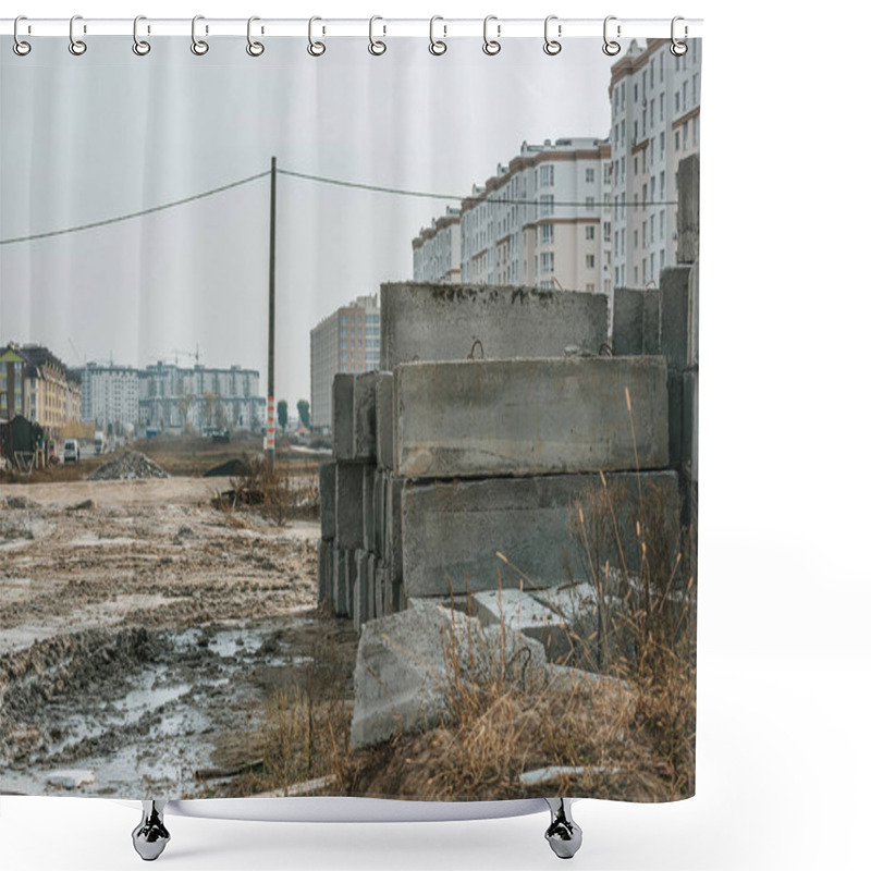 Personality  Concrete Blocks On Dirt Road And Construction Site At Background Shower Curtains