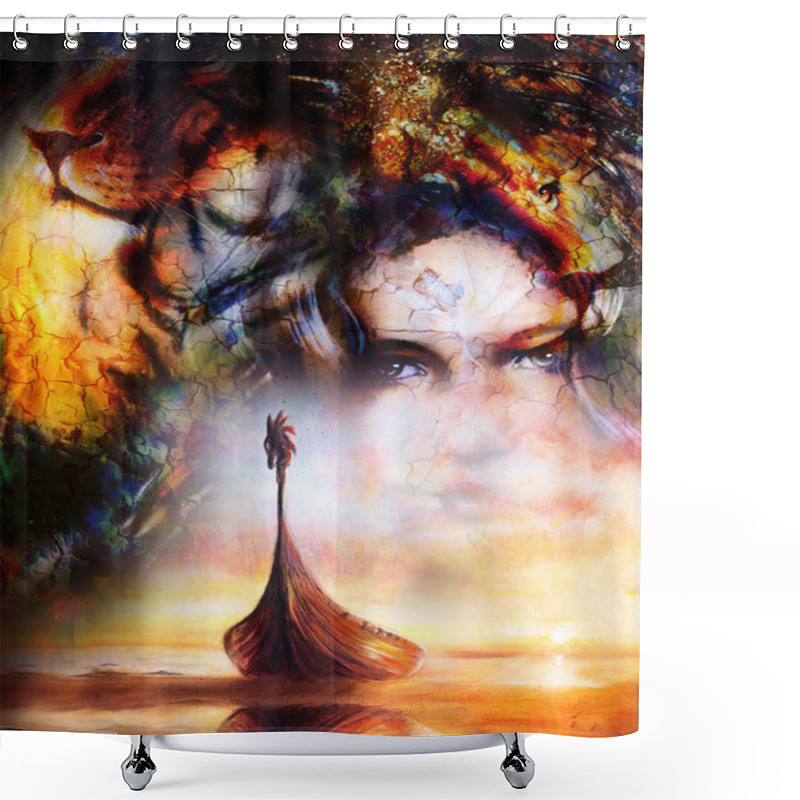 Personality  Viking Boat On The Beach, And Lion Head, Collage Painting On Canvas, Boat With Wood Dragon. Structure Background, Red, Orange, Yellow And Black Color. Shower Curtains