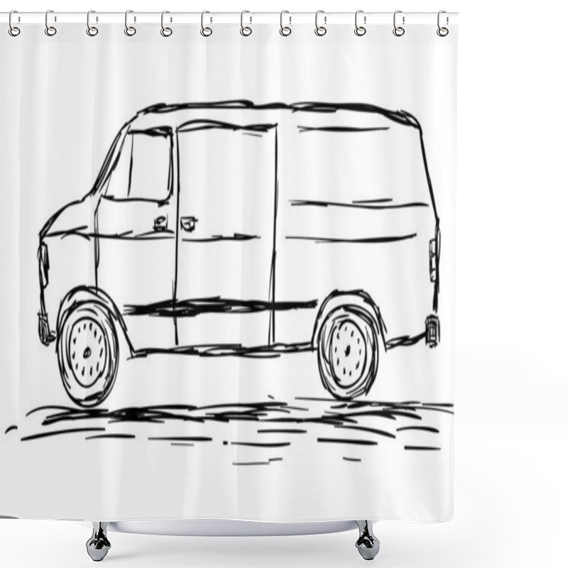 Personality  Hand Drawn Illustration Of A Car In Black Pencil On A White Background. Drawing Old Van Car. Shower Curtains