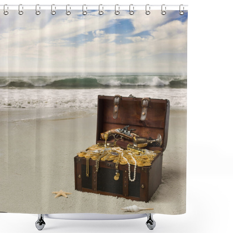 Personality  Treasure Chest On The Beach Of The Island Shower Curtains