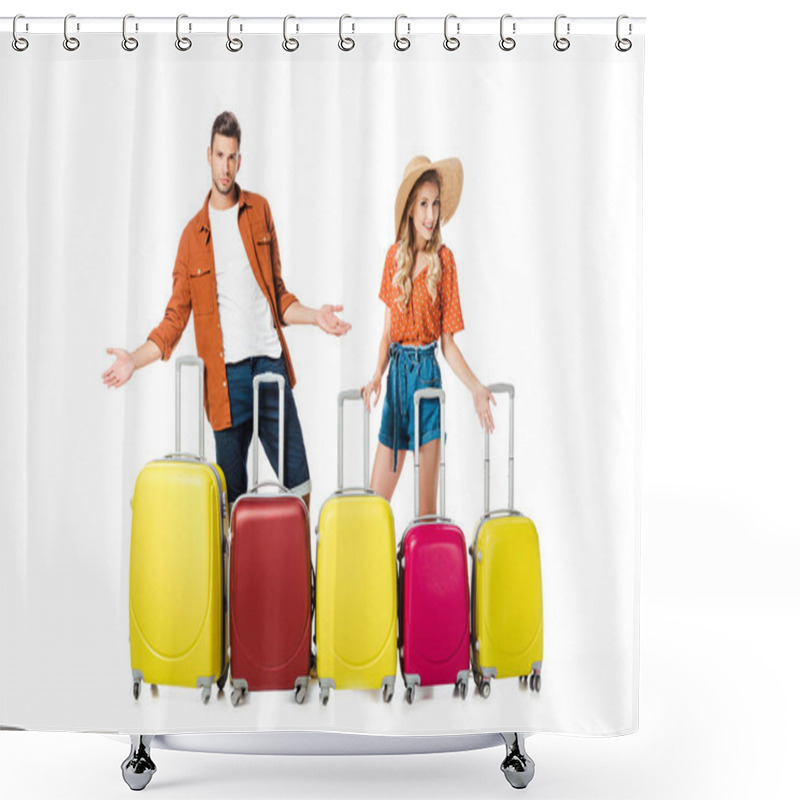 Personality  Newlywed Couple With Arranged Suitcases Around Isolated On White Shower Curtains