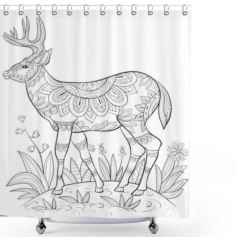 Personality  A Cute Deer With Big Horns On The Field  Image For Relaxing.A Coloring Book,page For Adults.Zen Art Style Illustration For Print.Poster Design. Shower Curtains