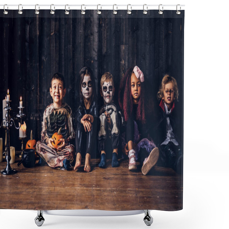 Personality  Halloween Party With Group Children Who Sitting Together On A Wooden Floor In An Old House. Halloween Concept. Shower Curtains