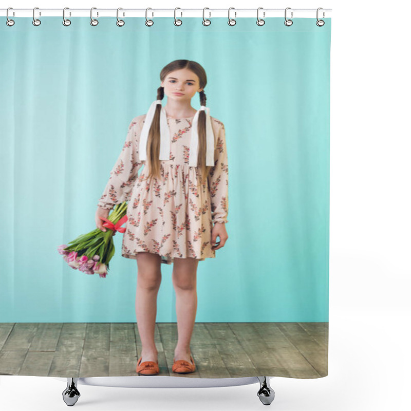 Personality  Fashionable Girl With Braids In Summer Dress Holding Tulips, On Turquoise Shower Curtains