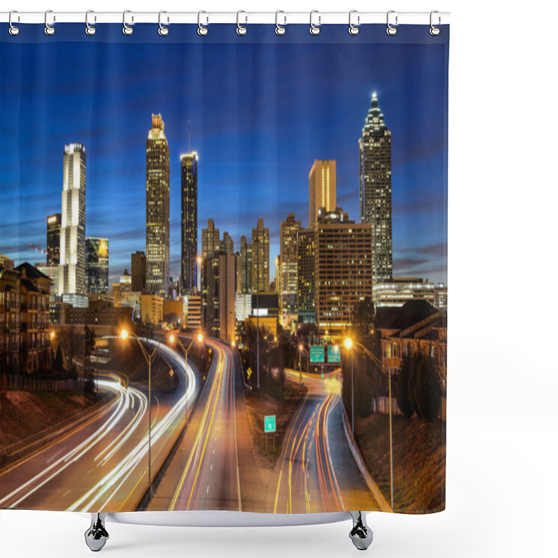 Personality  Atlanta Downtown Skyline During Twilight Blue Hour Shower Curtains