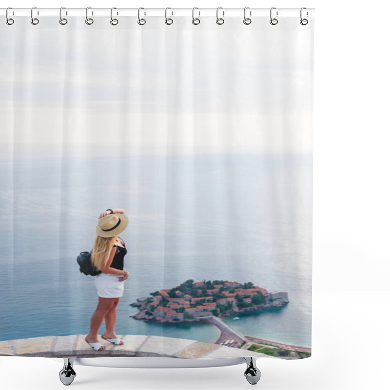 Personality  Woman Standing On Viewpoint And Looking At Saint Stephen Island In Adriatic Sea, Budva, Montenegro  Shower Curtains