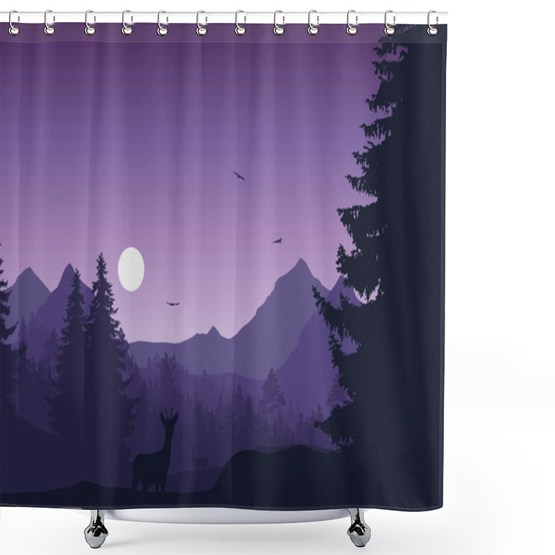 Personality  Mountain Landscape With Forest, Deer And Doe, Under Evening Sky With Moon Or Sun And Flying Birds - Vector Shower Curtains