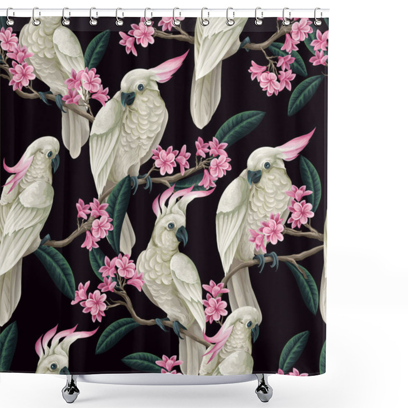 Personality  Seamless Pattern With Cockatoo, Tropical Leaves And Flowers. Vector Shower Curtains