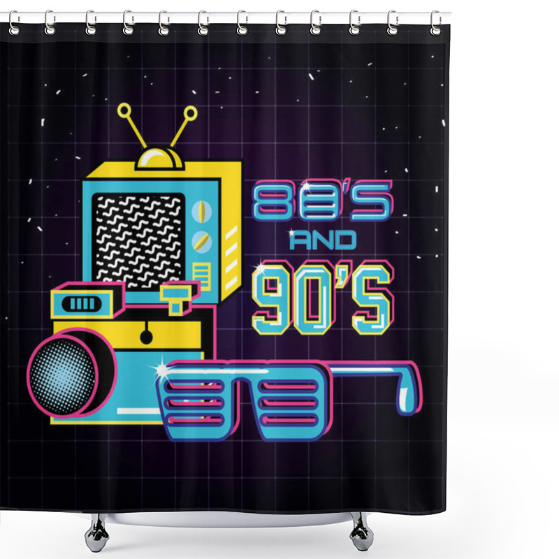 Personality  Televisor With Icons Of Eighties And Nineties Retro Shower Curtains