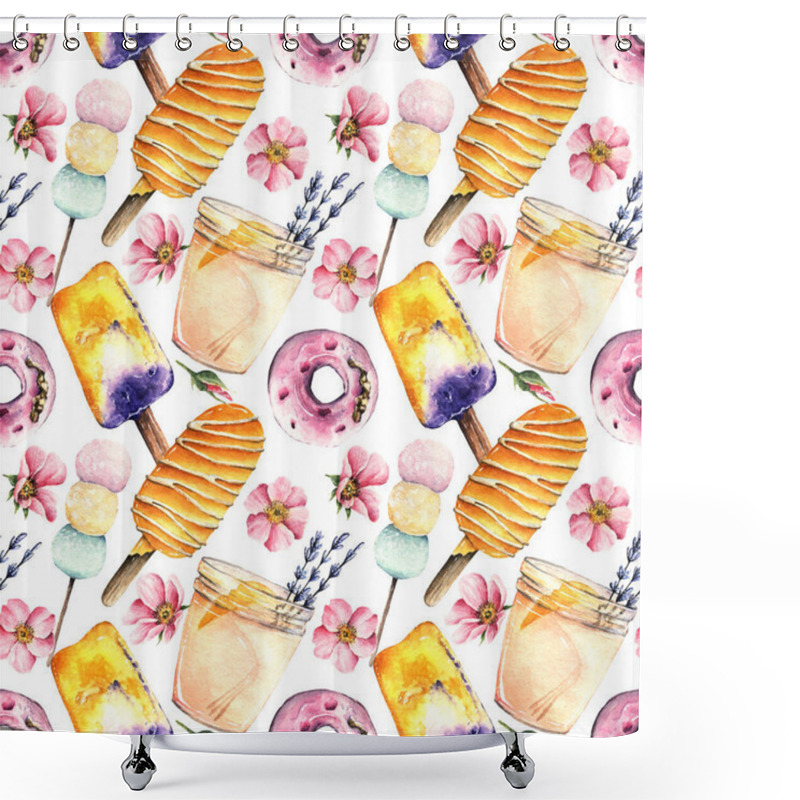 Personality  Watercolor Illustration. Sweet Summer, Cocktail, Ice Cream, Mochi, Donut, Handmade, Postcard, Print On T-shirt, Seamless Pattern, Light Background Shower Curtains