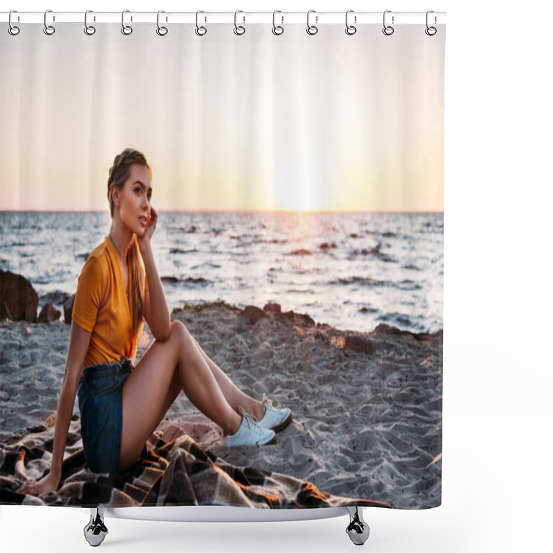 Personality  Pensive Young Woman Sitting On Plaid At Beautiful Sea Coast At Sunset  Shower Curtains