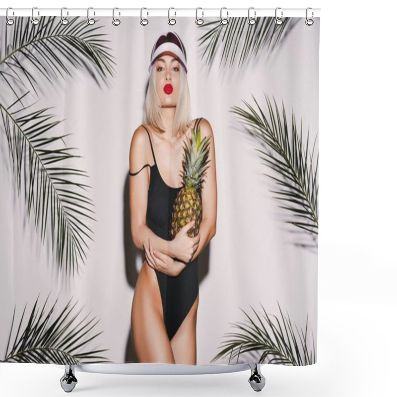 Personality  Young Girl With Blonde Hair Wearing Black Swimming Suit And Pink Cap Standing With Pineapple At White Studio Background With Palms Shower Curtains