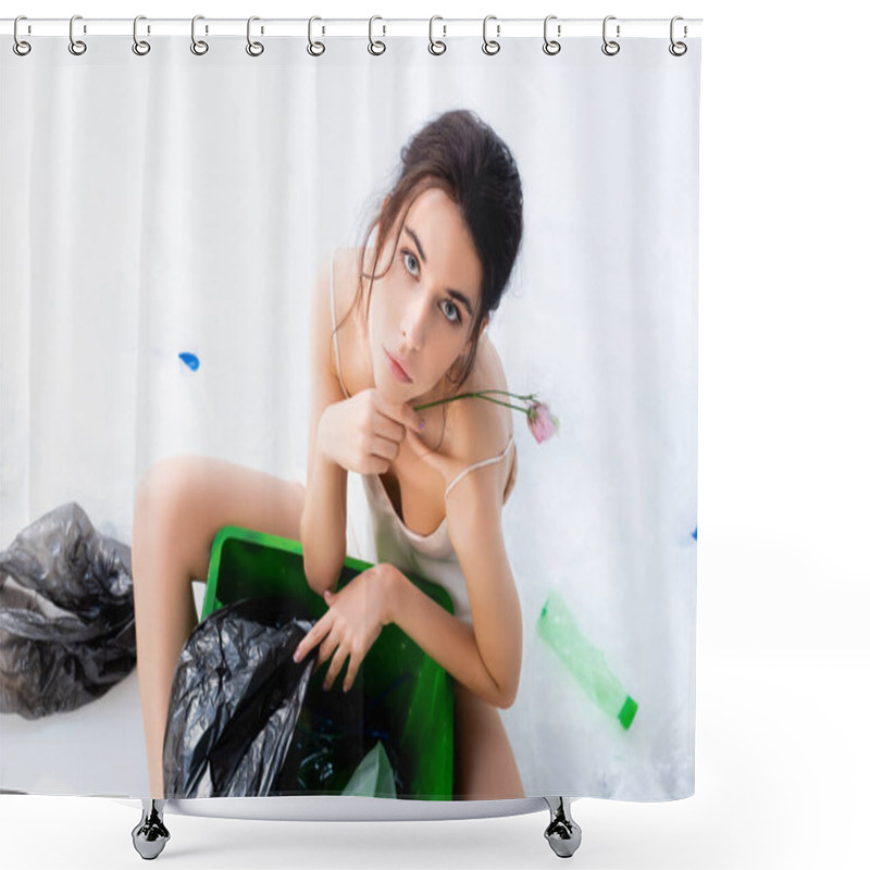 Personality  Top View Of Young Brunette Woman Holding Flower In Wrap Near Plastic Bags And Trash Can On White, Ecology Concept  Shower Curtains