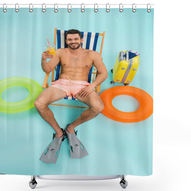 Personality  High Angle View Of Smiling Man In Swimming Flippers Holding Orange Juice Near Inflatable Rings And Suitcase On Blue Background  Shower Curtains