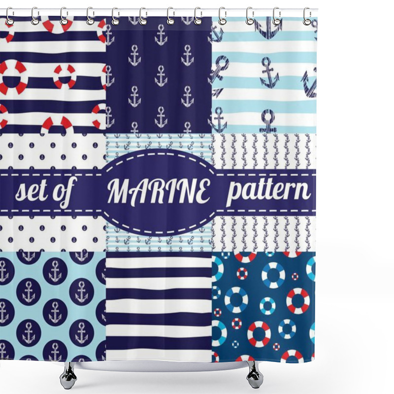 Personality  Vector Illustration. Set Of Sea And Nautical Backgrounds In Navy Blue And White Colors. Sea Theme. Seamless Patterns Collection. Shower Curtains