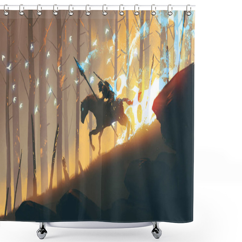 Personality  The Knight With Spear Riding A Horse Through The Fire Forest, Digital Art Style, Illustration Painting Shower Curtains