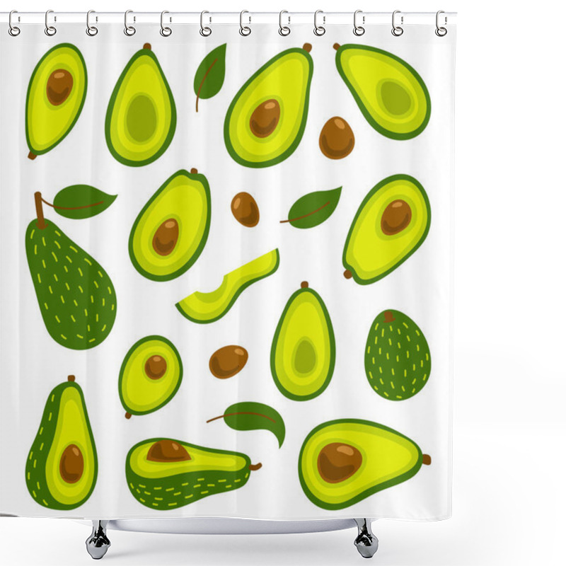 Personality  Cooking With Avocados Vector Illustration Set. Whole Avocado And Cut Slices Isolated On White Background Shower Curtains