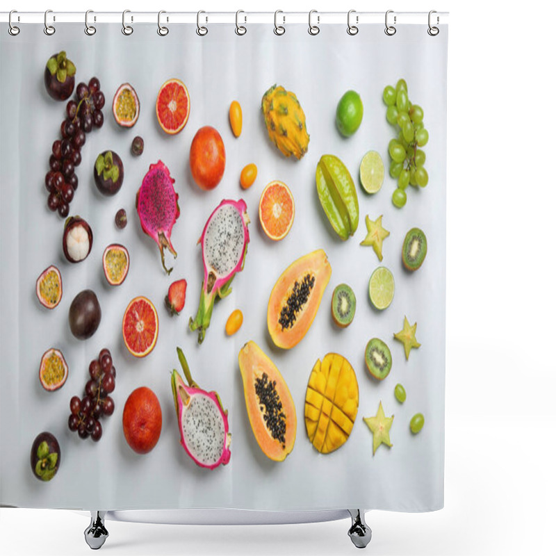 Personality  Many Different Delicious Exotic Fruits On Light Background, Flat Lay Shower Curtains