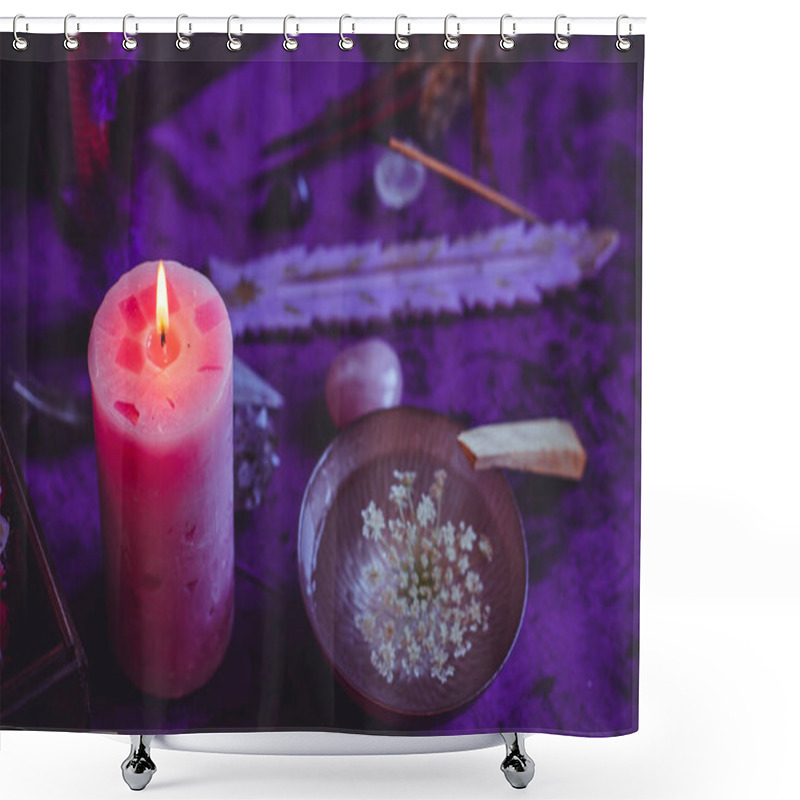 Personality  Candle Burns On The Altar, Powerful Magic Among Candles, Energy Cleaning And Wicca Concept Shower Curtains