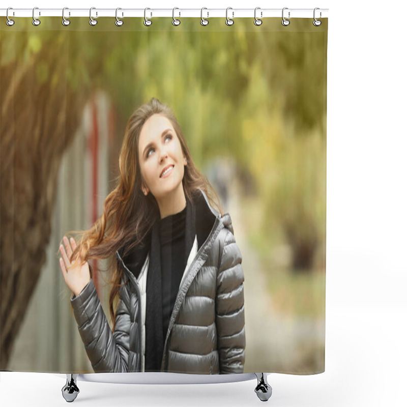 Personality  Beautiful Smiling Woman In Puffer Jacket Outdoors Shower Curtains