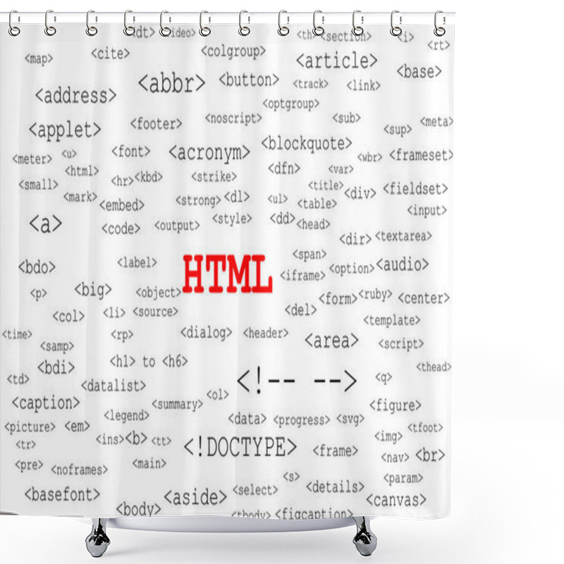 Personality  Big Red Title HTML In The Middle With Many Different HTML Tags Randomly Displayed All Around The Canvas. The Background Is White And The Text Is Black. Shower Curtains