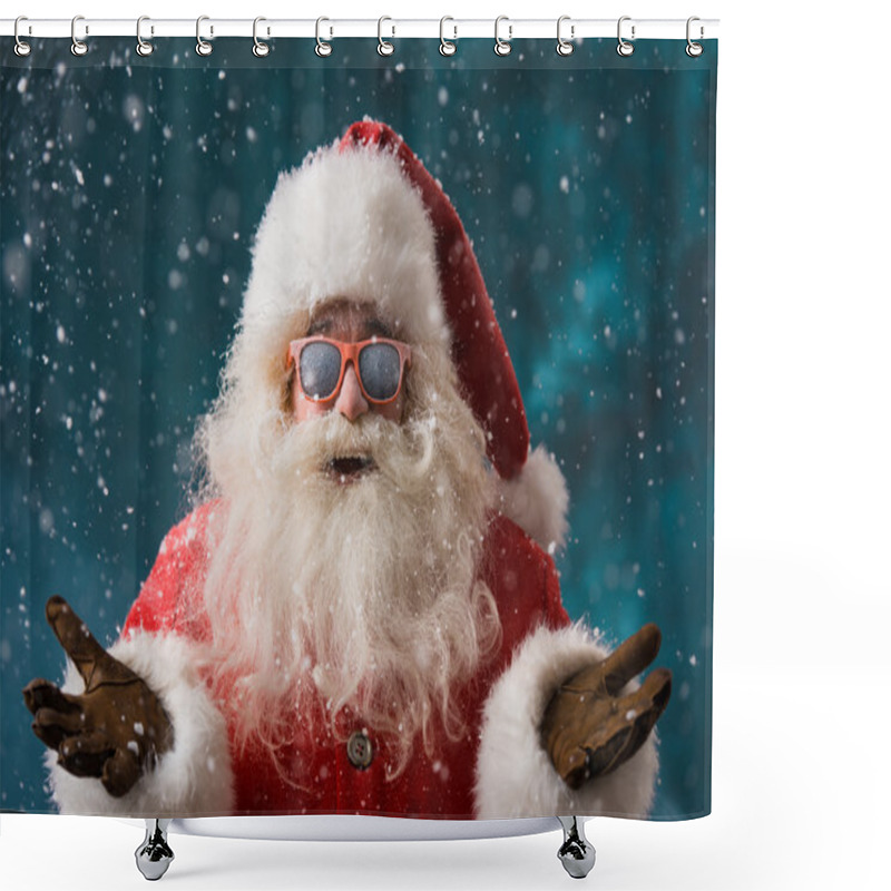 Personality  Santa Claus Wearing Sunglasses Dancing Outdoors At North Pole Shower Curtains