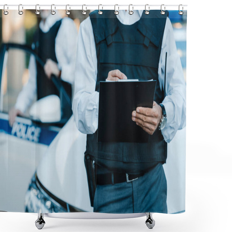 Personality  Cropped Image Of Male Police Officer Writing In Clipboard While His Colleague Standing Near Car At Street Shower Curtains