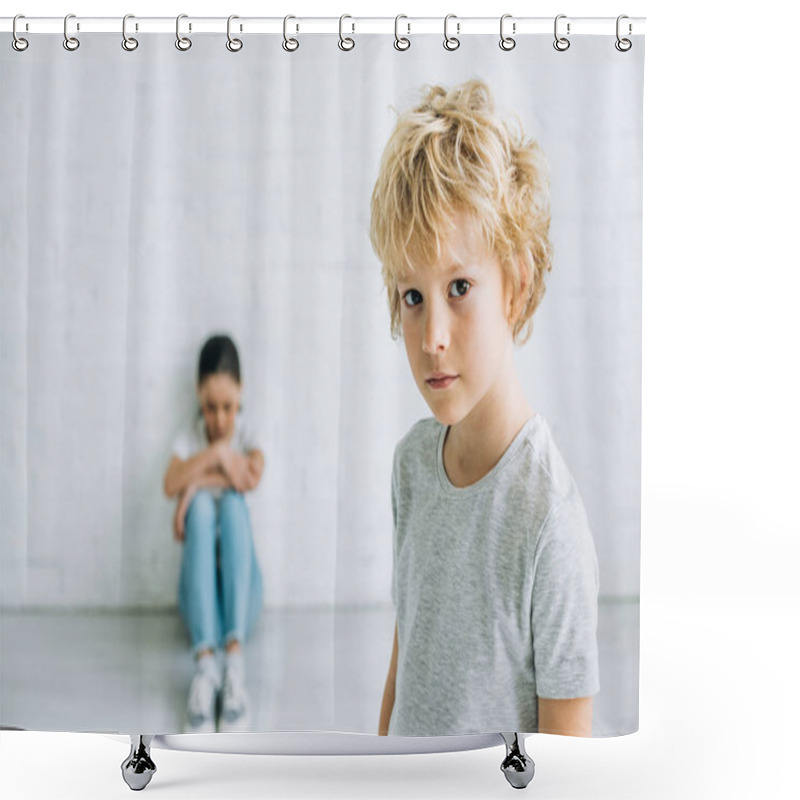 Personality  Sad Boy Looking At Camera While His Sister Sitting On Floor Shower Curtains