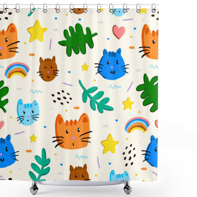 Personality  Seamless Pattern With Hand Drawn Of Cat Heads, Heart, Star, Rainbow And Leafs In Childish Style Isolated On White Background. Shower Curtains