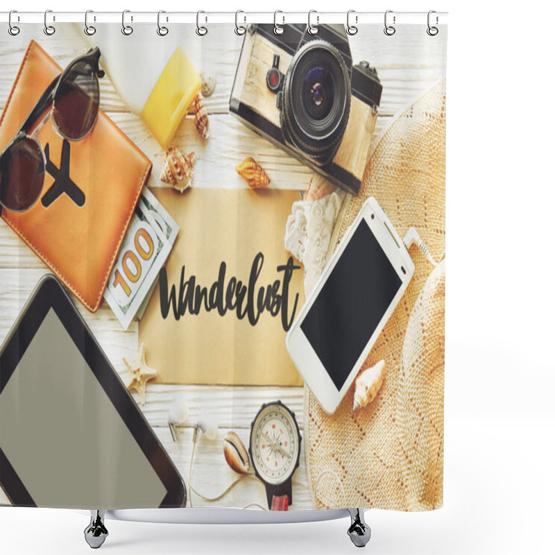 Personality  Wanderlust Text On Card  Shower Curtains