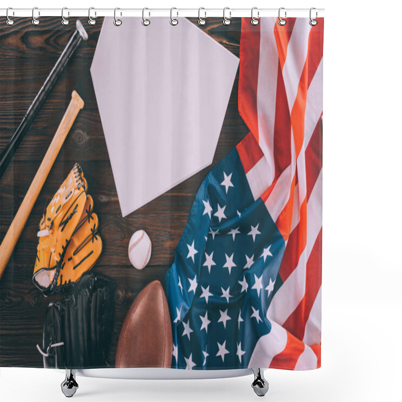 Personality  American Flag And Sport Equipment With Blank Paper On Wooden Table Shower Curtains