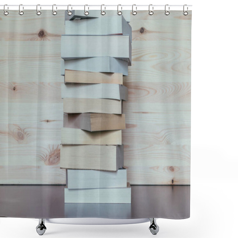 Personality  Stack Of Books On Wooden Background, Knowledge And Science  Shower Curtains