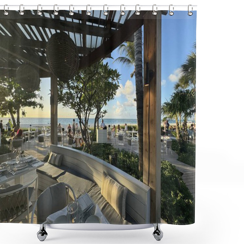 Personality  PROVIDENCIALES, TURKS & CAICOS - APR 20; Infiniti Restaurant & Raw Bar At Grace Bay Club In Providenciales, In The Turks And Caicos Islands, As Seen On April 20, 2024. Shower Curtains