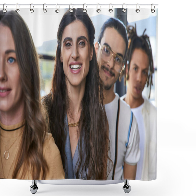 Personality  Portrait Of Joyful Female Team Lead Looking At Camera Near Multiethnic Business Partners In Office Shower Curtains