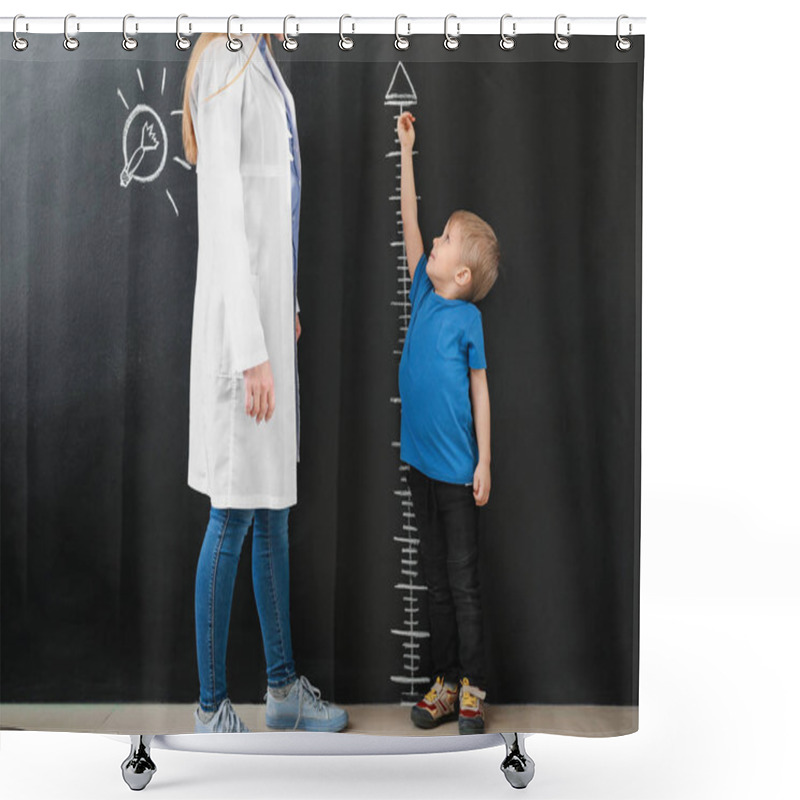 Personality  Female Doctor With Little Boy Measuring Height Near Dark Wall Shower Curtains