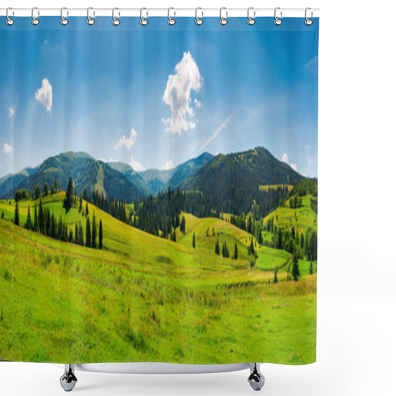 Personality  Panorama Of Mountainous Landscape In Summer. Spruce Forest On A Grassy Hills In The Valley Of Carpathian Mountain. Beautiful View Of Borzhava Mountain Ridge With Velykyi Verkh Peak In The Distance Shower Curtains