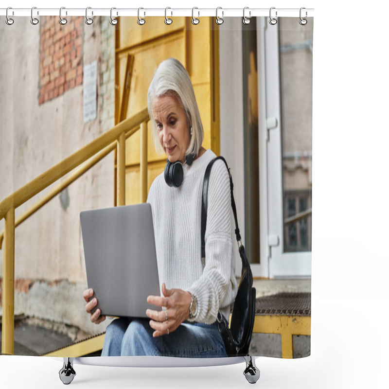 Personality  A Mature Woman With Gray Hair Is Engaged In Her Laptop Work While Resting On A Bright Staircase. Shower Curtains