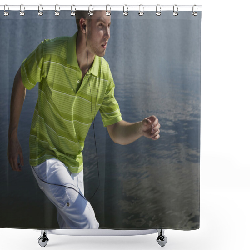 Personality  Cheerful Guy In A Green Vest. Shower Curtains